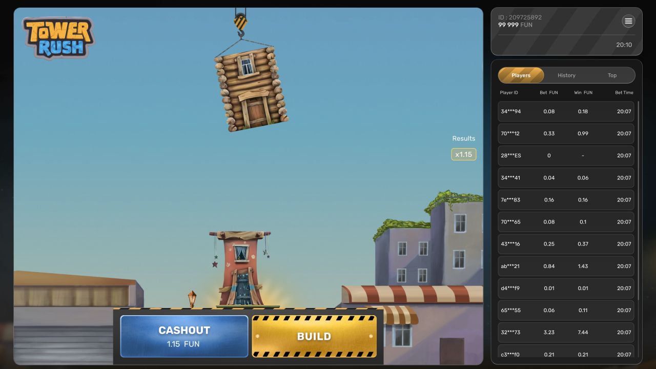 Mnożnik i przycisk Cashout w Tower Rush