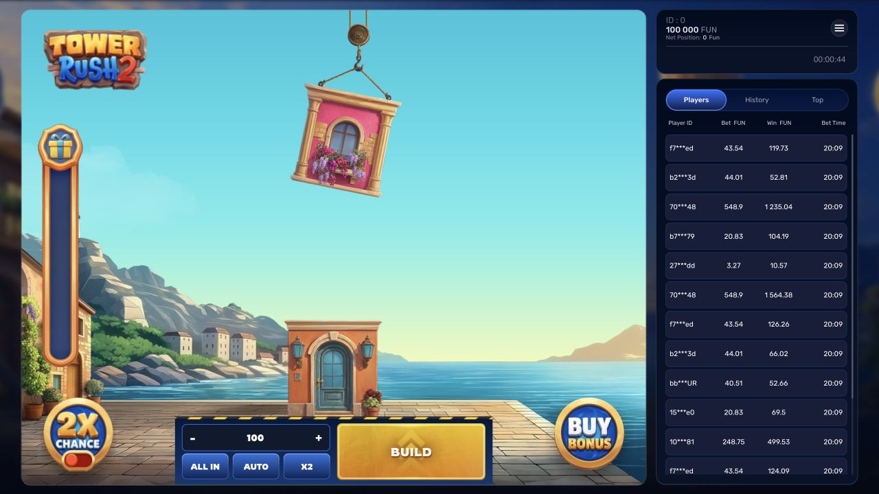 Interfejs Tower Rush 2 z paskiem postępu i Buy Bonus